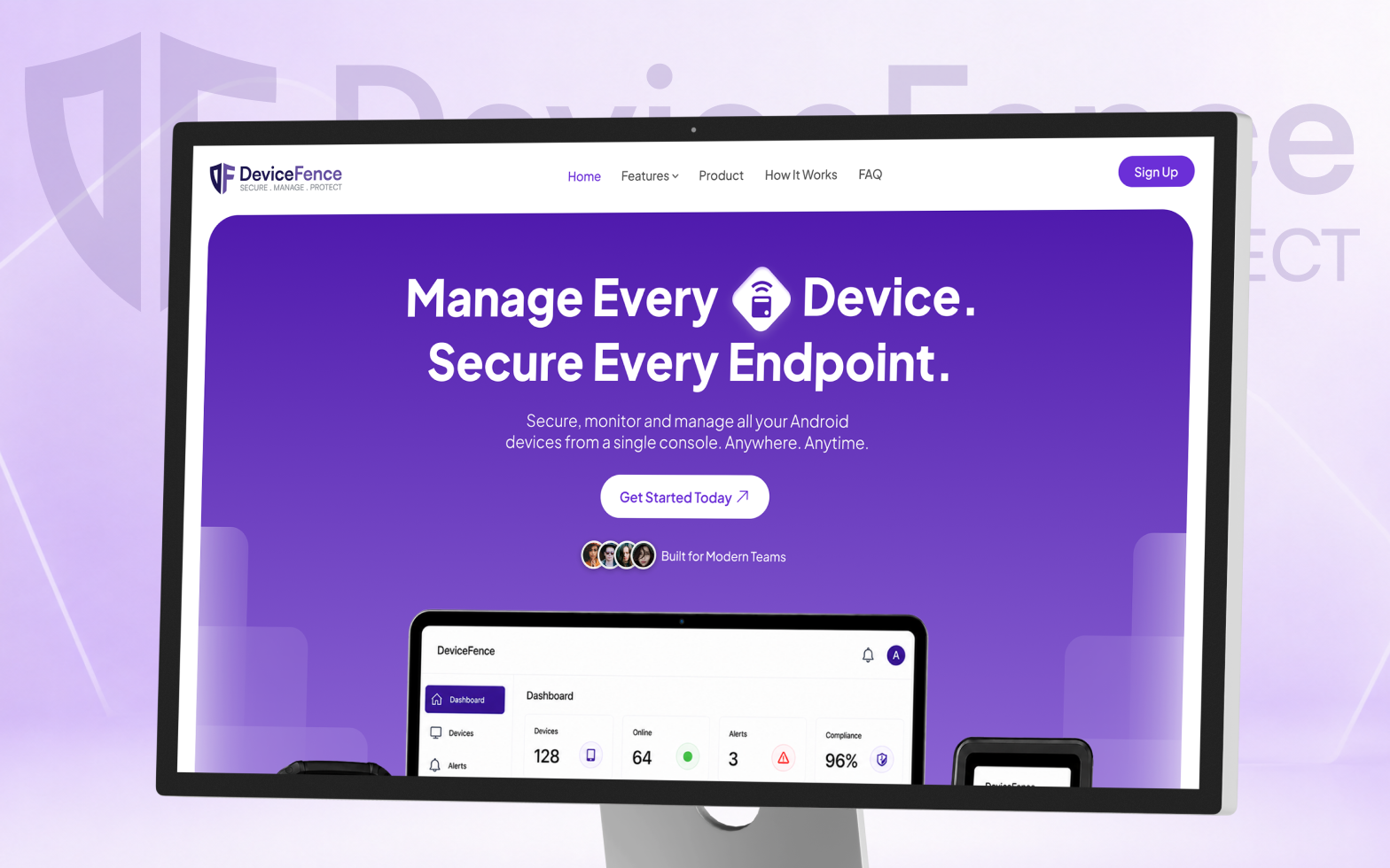 DeviceFence enterprise device management platform displayed on desktop, featuring Android device monitoring, endpoint security, compliance, and dashboard controls.