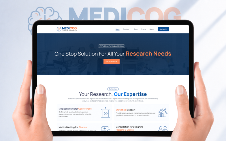 MediCog clinical research website displayed on a tablet, featuring medical writing, statistical support, research consulting, and publication services.