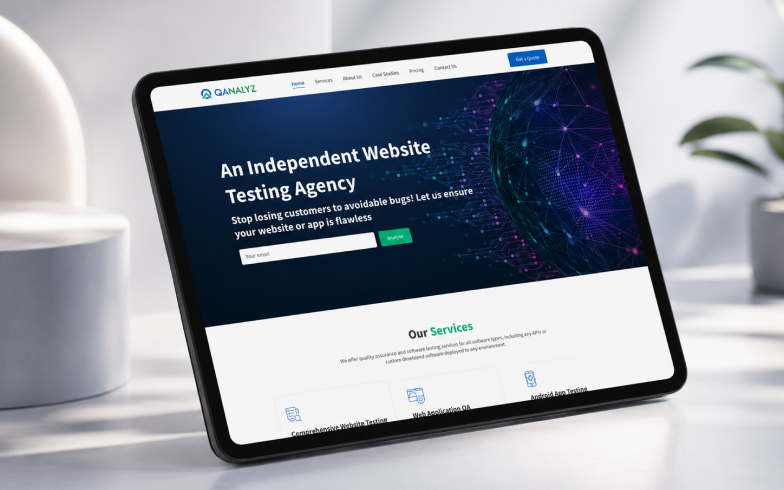 QAnalyz software testing agency website displayed on a tablet, featuring website QA, web application testing, and Android app testing services.